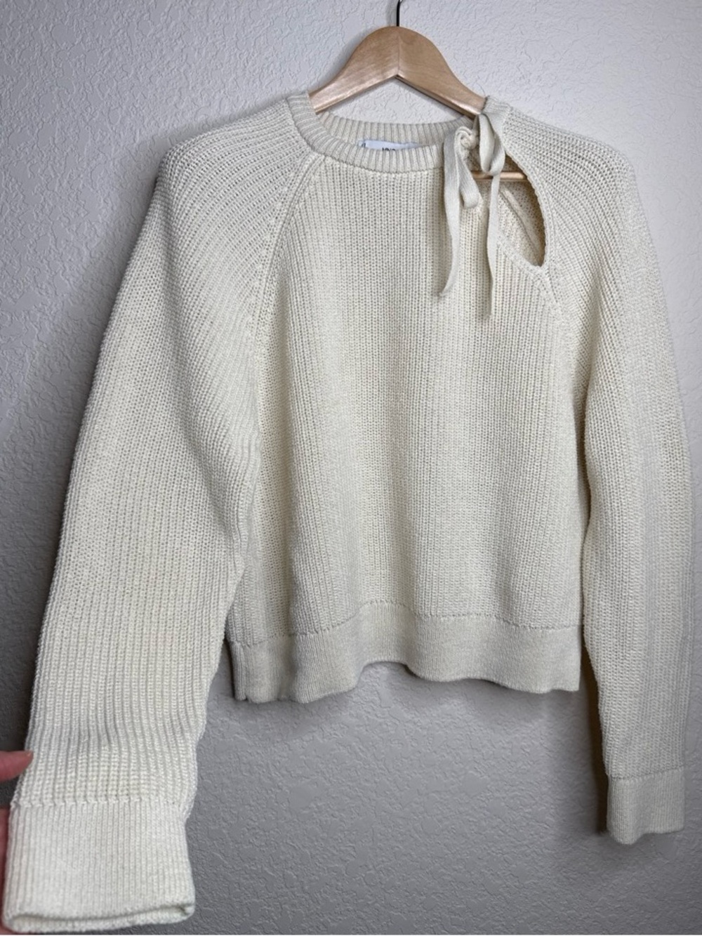 MNG Mango Cutout Tie Detail Sweater Size L Cream Quiet Luxury Fall Staple